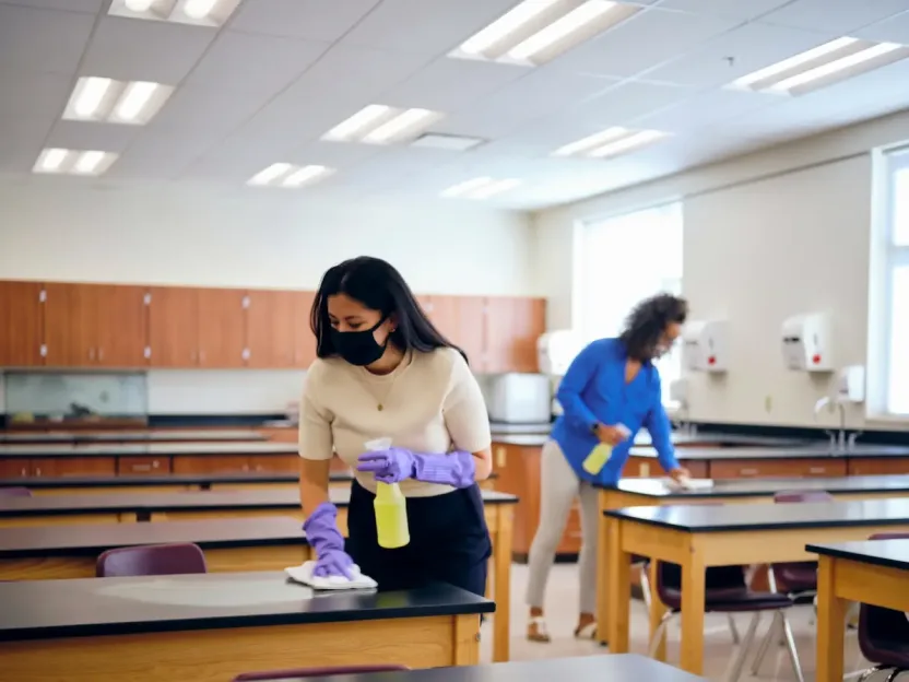 Two teachers wearing masks while wiping the desks in a classroom.