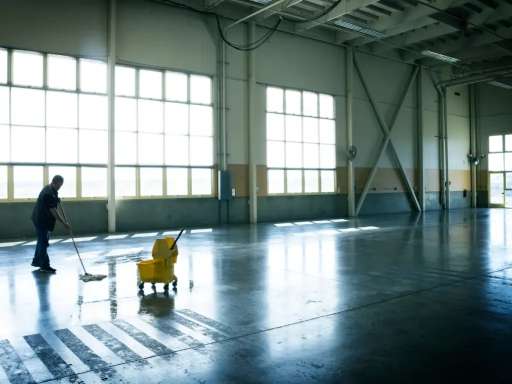 An employee mopping the floors of a warehouse.