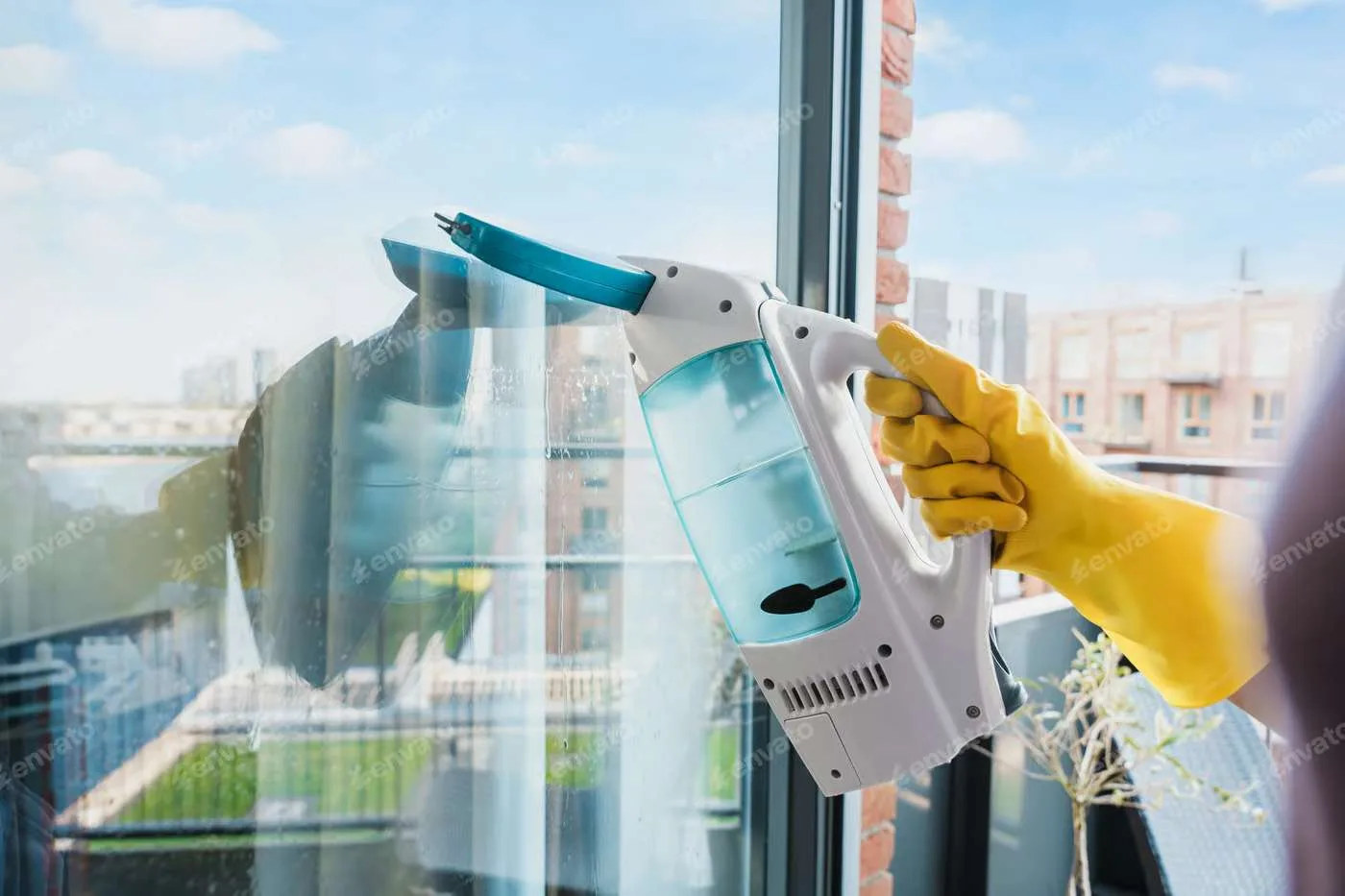 img-experienced-cleaners Person with yellow gloves cleaning a glass window as part of the government cleaning services.